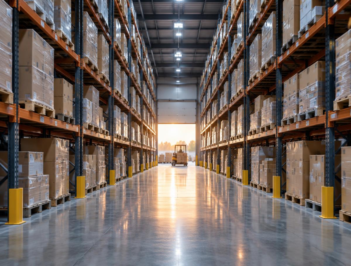 Warehouse aisle lined with palletised cargo, opening onto a sunlit loading bay